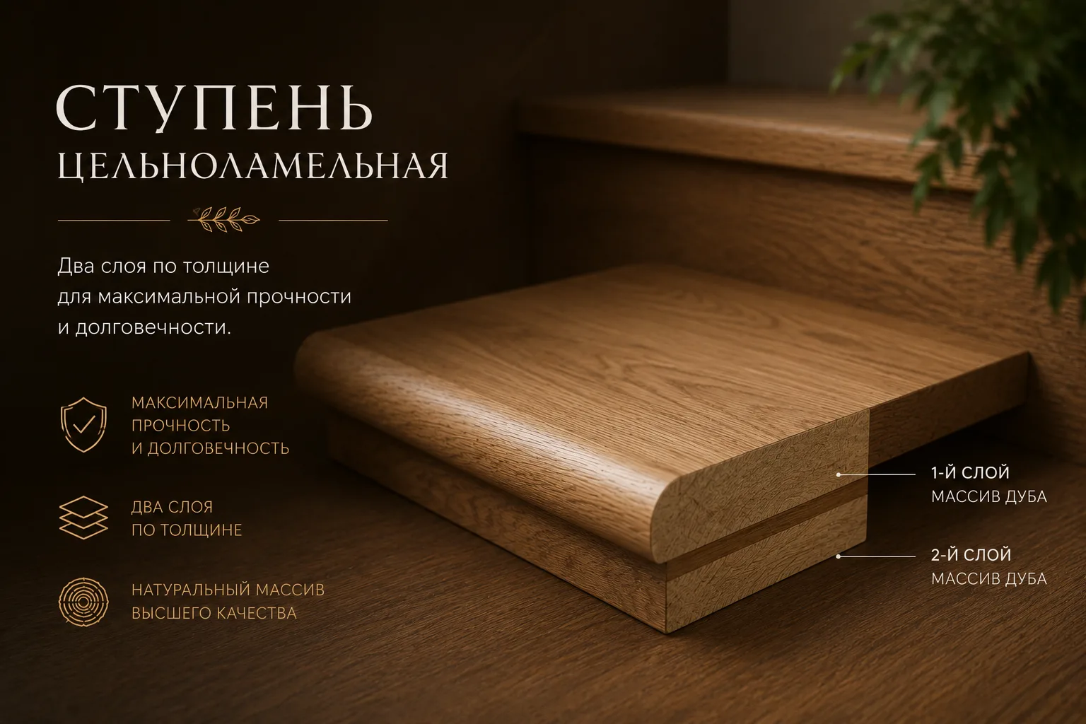 Ступень цельноламельная дубовая
